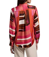 NIC + ZOE Artful Blocks Glossy Stand Collar Long Sleeve Blouse