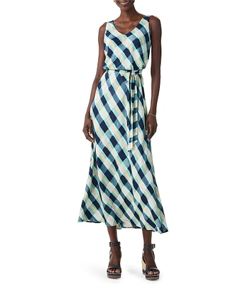 NIC + ZOE Bianca Painted Plaid Print V-Neck Sleeveless Belted Midi Dress