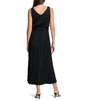 NIC + ZOE Cailin Crinkle Satin Back Crepe V-Neck Sleeveless Elastic Belt Midi Dress