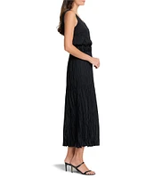 NIC + ZOE Cailin Crinkle Satin Back Crepe V-Neck Sleeveless Elastic Belt Midi Dress