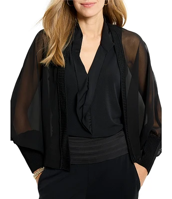 NIC + ZOE Chiffon Crush Open Front Long Sleeve Knit Trim Cardigan
