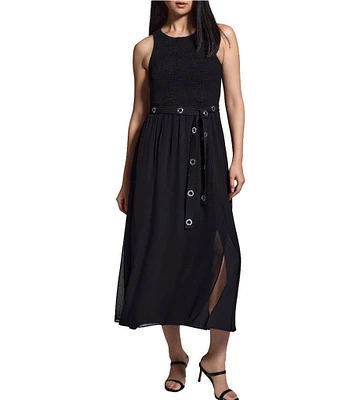 NIC + ZOE Chiffon Smocked Round Neck Sleeveless Fit-And-Flare Belted Midi Dress