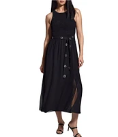 NIC + ZOE Chiffon Smocked Round Neck Sleeveless Fit-And-Flare Belted Midi Dress
