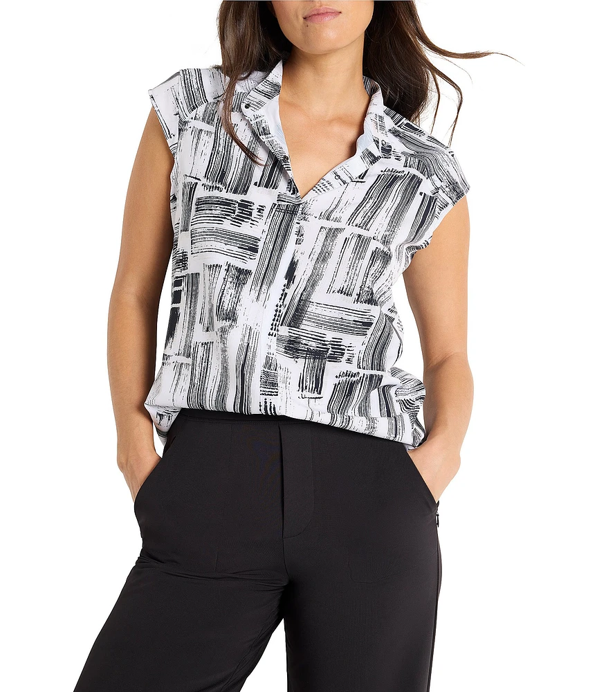 NIC + ZOE City Blocks Tech Stretch Split Collar Cap Sleeve Top