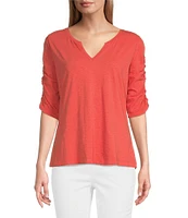 NIC + ZOE Cotton Knit Slub Split V-Neck Short Ruched Sleeve Tee Shirt