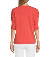 NIC + ZOE Cotton Knit Slub Split V-Neck Short Ruched Sleeve Tee Shirt
