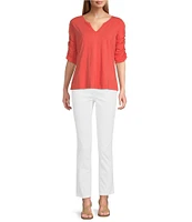 NIC + ZOE Cotton Knit Slub Split V-Neck Short Ruched Sleeve Tee Shirt