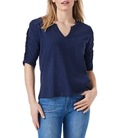 NIC + ZOE Cotton Knit Slub Split V-Neck Short Ruched Sleeve Tee Shirt