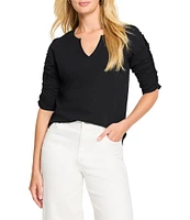 NIC + ZOE Cotton Knit Slub Split V-Neck Short Ruched Sleeve Tee Shirt