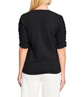 NIC + ZOE Cotton Knit Slub Split V-Neck Short Ruched Sleeve Tee Shirt