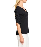 NIC + ZOE Cotton Knit Slub Split V-Neck Short Ruched Sleeve Tee Shirt