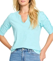 NIC + ZOE Cotton Knit Slub Split V-Neck Short Ruched Sleeve Tee Shirt