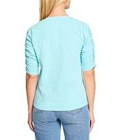 NIC + ZOE Cotton Knit Slub Split V-Neck Short Ruched Sleeve Tee Shirt