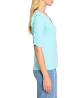 NIC + ZOE Cotton Knit Slub Split V-Neck Short Ruched Sleeve Tee Shirt