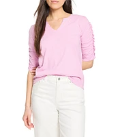 NIC + ZOE Cotton Knit Slub Split V-Neck Short Ruched Sleeve Tee Shirt