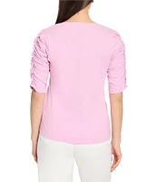 NIC + ZOE Cotton Knit Slub Split V-Neck Short Ruched Sleeve Tee Shirt