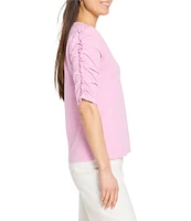 NIC + ZOE Cotton Knit Slub Split V-Neck Short Ruched Sleeve Tee Shirt