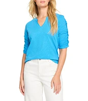 NIC + ZOE Cotton Knit Slub Split V-Neck Short Ruched Sleeve Tee Shirt