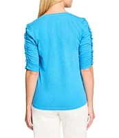 NIC + ZOE Cotton Knit Slub Split V-Neck Short Ruched Sleeve Tee Shirt