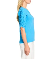 NIC + ZOE Cotton Knit Slub Split V-Neck Short Ruched Sleeve Tee Shirt