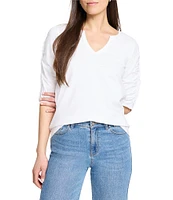 NIC + ZOE Cotton Knit Slub Split V-Neck Short Ruched Sleeve Tee Shirt