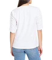 NIC + ZOE Cotton Knit Slub Split V-Neck Short Ruched Sleeve Tee Shirt