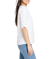 NIC + ZOE Cotton Knit Slub Split V-Neck Short Ruched Sleeve Tee Shirt