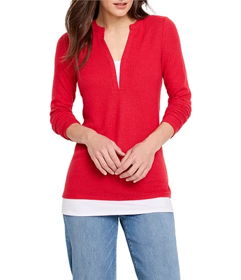 NIC + ZOE Cozy Mix Media Jersey Split Neck Long Sleeve Layer Top