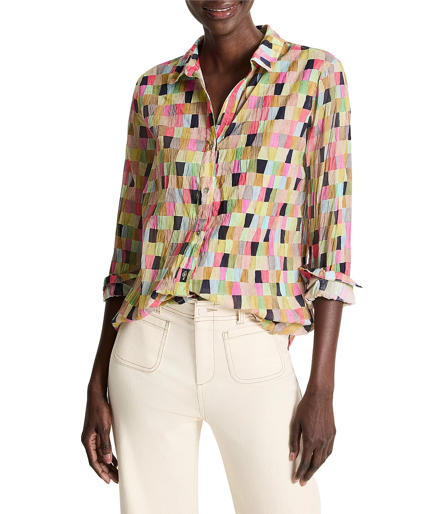 NIC + ZOE Crinkle Colorfield Print Button Down Collar Long Sleeve Top