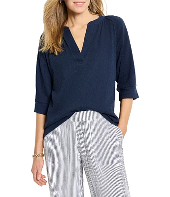 NIC + ZOE Crinkle Knit Split Neck Elbow Sleeve Top