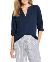 NIC + ZOE Crinkle Knit Split Neck Elbow Sleeve Top