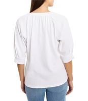 NIC + ZOE Crinkle Knit Split Neck Elbow Sleeve Top