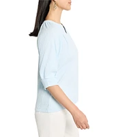 NIC + ZOE Crinkle Knit Split Neck Elbow Sleeve Top