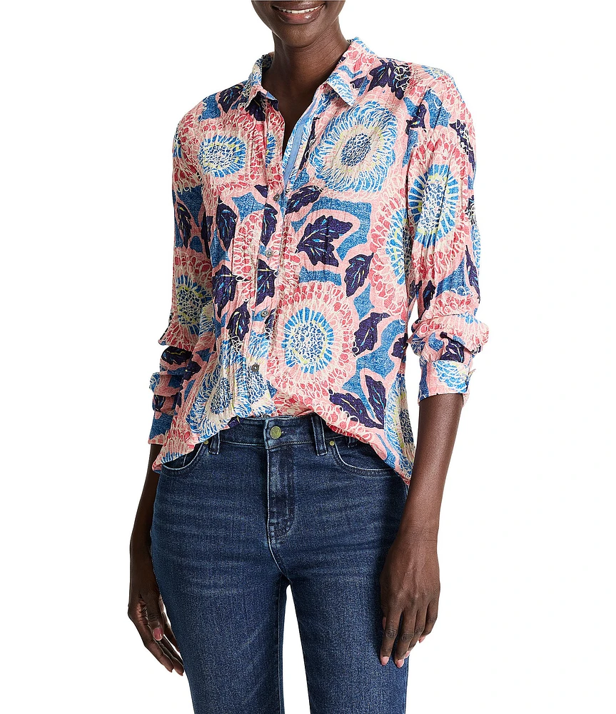 NIC + ZOE Crinkle Scribble Bloom Button Down Collar Long Sleeve Shirt