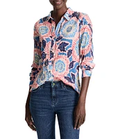 NIC + ZOE Crinkle Scribble Bloom Button Down Collar Long Sleeve Shirt