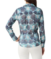 NIC + ZOE Crinkle Woven Ethereal Seas Print Point Shirt Collar Long Sleeve Button Front Shirt