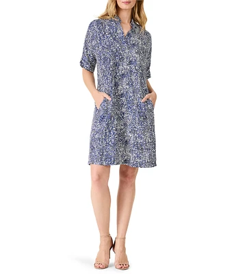 NIC + ZOE Dashing Dot Devon Woven Satin Back Crepe Split V-Neck Short Dolman Sleeve Shift Dress