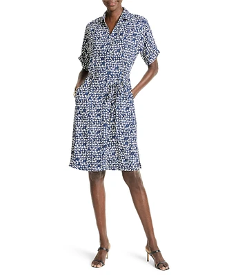 NIC + ZOE Devon Etched Angles Collar V-Neck Short Sleeve Belted Shirt Dress