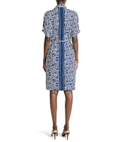NIC + ZOE Devon Etched Angles Collar V-Neck Short Sleeve Belted Shirt Dress