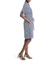 NIC + ZOE Devon Etched Angles Collar V-Neck Short Sleeve Belted Shirt Dress
