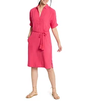 NIC + ZOE Devon Rumba Linen Blend Point Collar Short Sleeve Tie Waist Shirt Dress