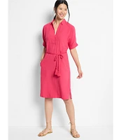 NIC + ZOE Devon Rumba Linen Blend Point Collar Short Sleeve Tie Waist Shirt Dress