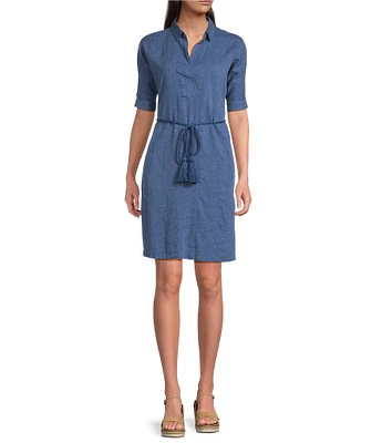 NIC + ZOE Devon Rumba Linen Blend Point Collar Short Sleeve Tie Waist Shirt Dress