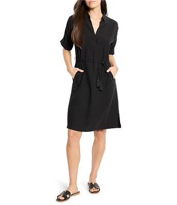 NIC + ZOE Devon Rumba Linen Blend Point Collar Short Sleeve Tie Waist Shirt Dress