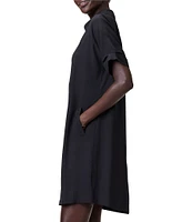 NIC + ZOE Devon Woven Satin Back Crepe Point Collar Short Dolman Sleeve Shirt Dress