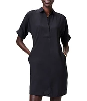 NIC + ZOE Devon Woven Satin Back Crepe Point Collar Short Dolman Sleeve Shirt Dress