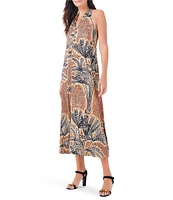 NIC + ZOE Dotty Palm Abstract Print Stretch Satin V-Neck Sleeveless Halter Back A-Line Dress