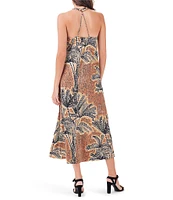 NIC + ZOE Dotty Palm Abstract Print Stretch Satin V-Neck Sleeveless Halter Back A-Line Dress