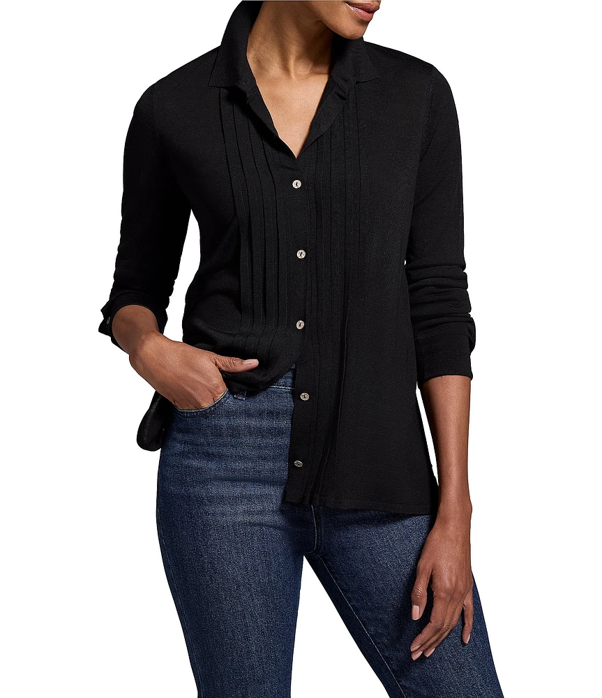 NIC + ZOE Drapey Tencel Knit-In Pintuck Collar Neck Long Sleeve Shirt