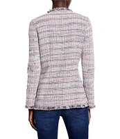 NIC + ZOE Femme Fringe Trim Mix Knit Plaid Print Long Sleeve Button Front Fashion Jacket